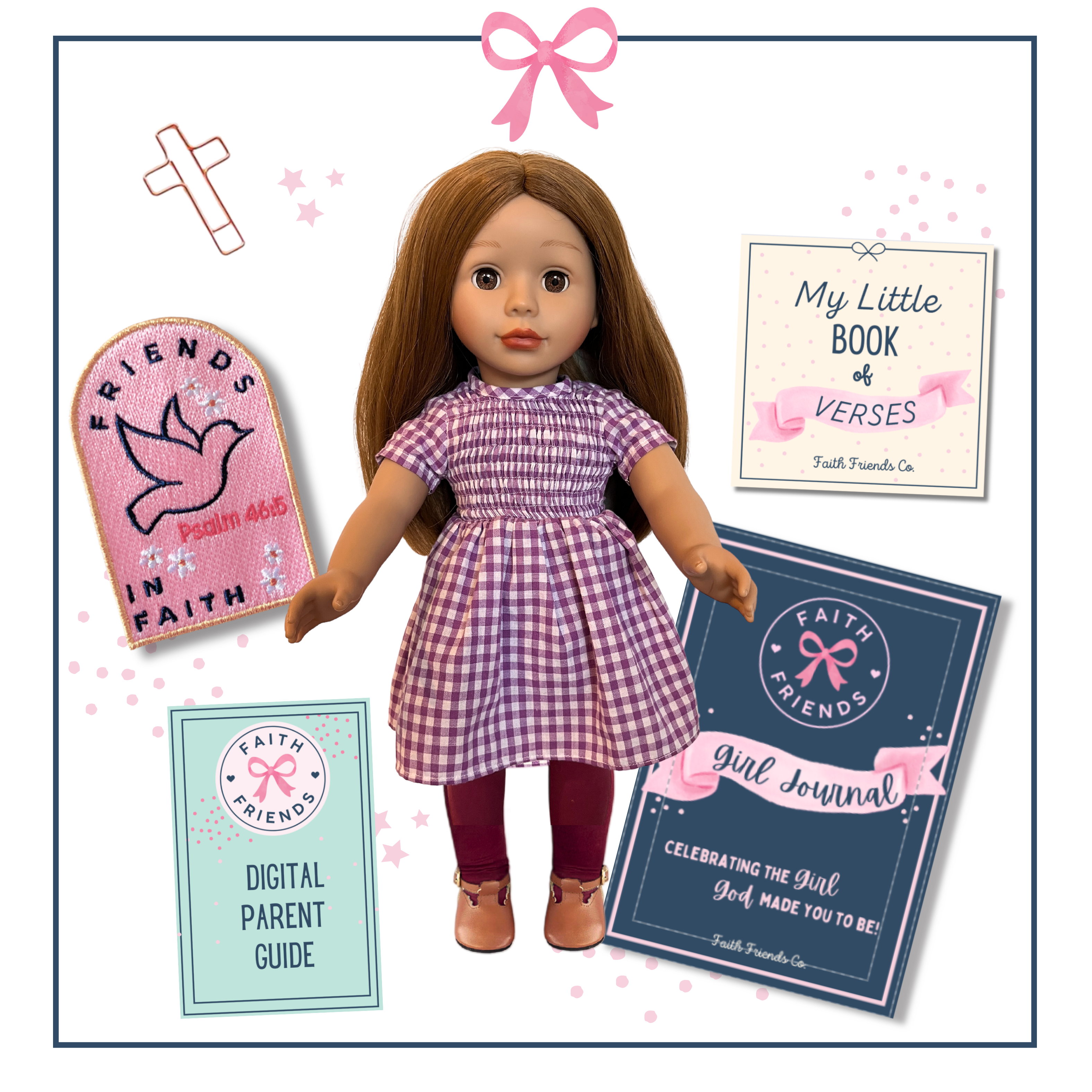 The Faith Friends doll launch bundle includes a girl journal, verse book, club patch, parent guide, and cross page marker.